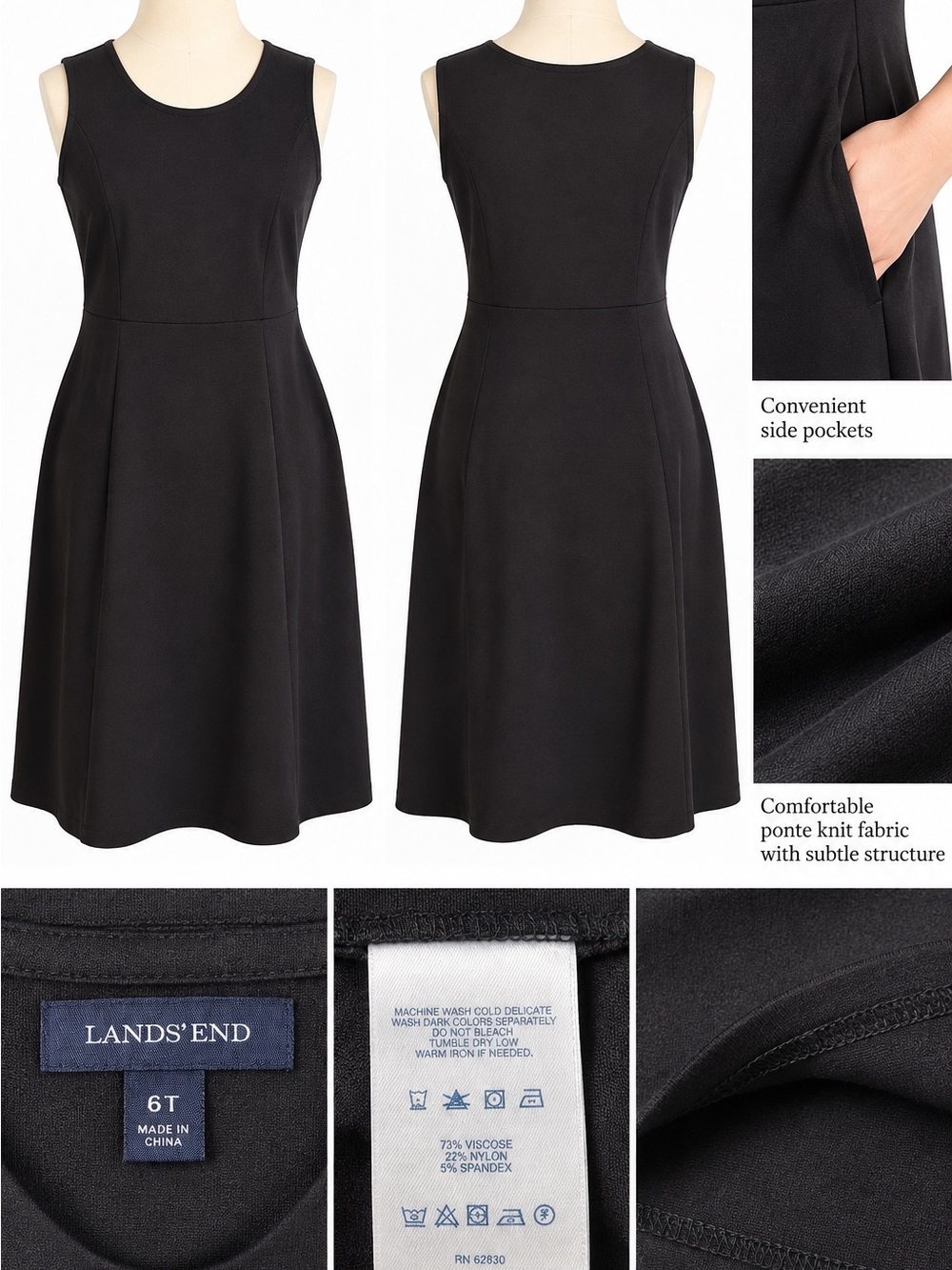 Lands' End Black Sleeveless Ponte Fit-and-Flare Dress